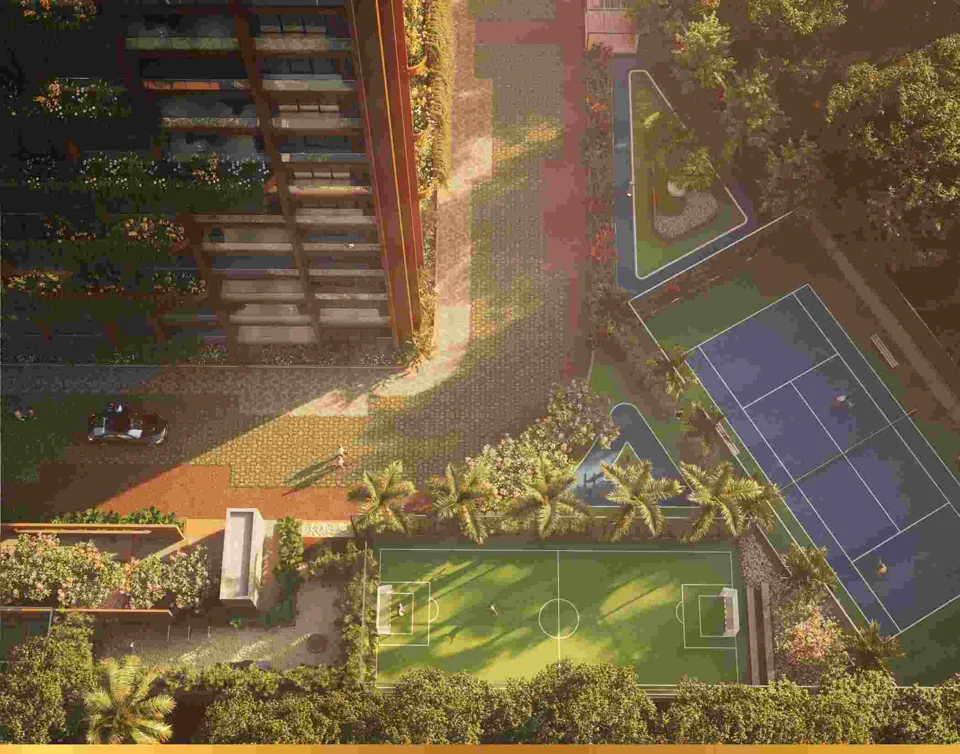 Architectural rendering of landscaped apartment amenities