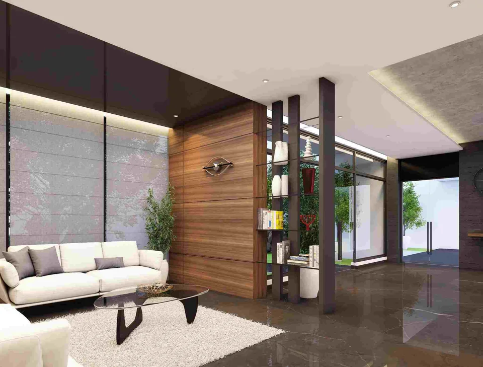 Warm contemporary interior with seating and a wood feature wall