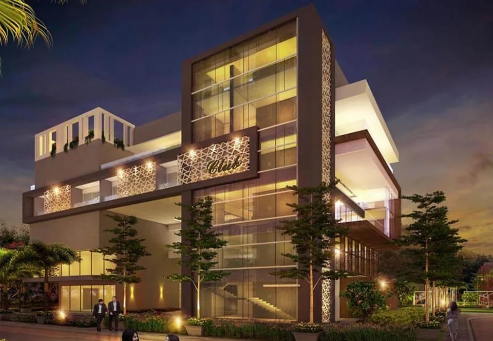 Architectural rendering of a contemporary villa exterior at dusk